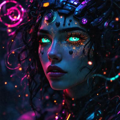 The primary subject of the image is a woman with glowing eyes, wearing a futuristic outfit. She is surrounded by a colorful and vibrant environment, which includes a purple background and a pink and blue light show. The visual style of the image is a combination of digital art and illustration, creating a unique and captivating scene. The woman's glowing eyes and the colorful background evoke a sense of mystery and intrigue, setting the mood for the image.